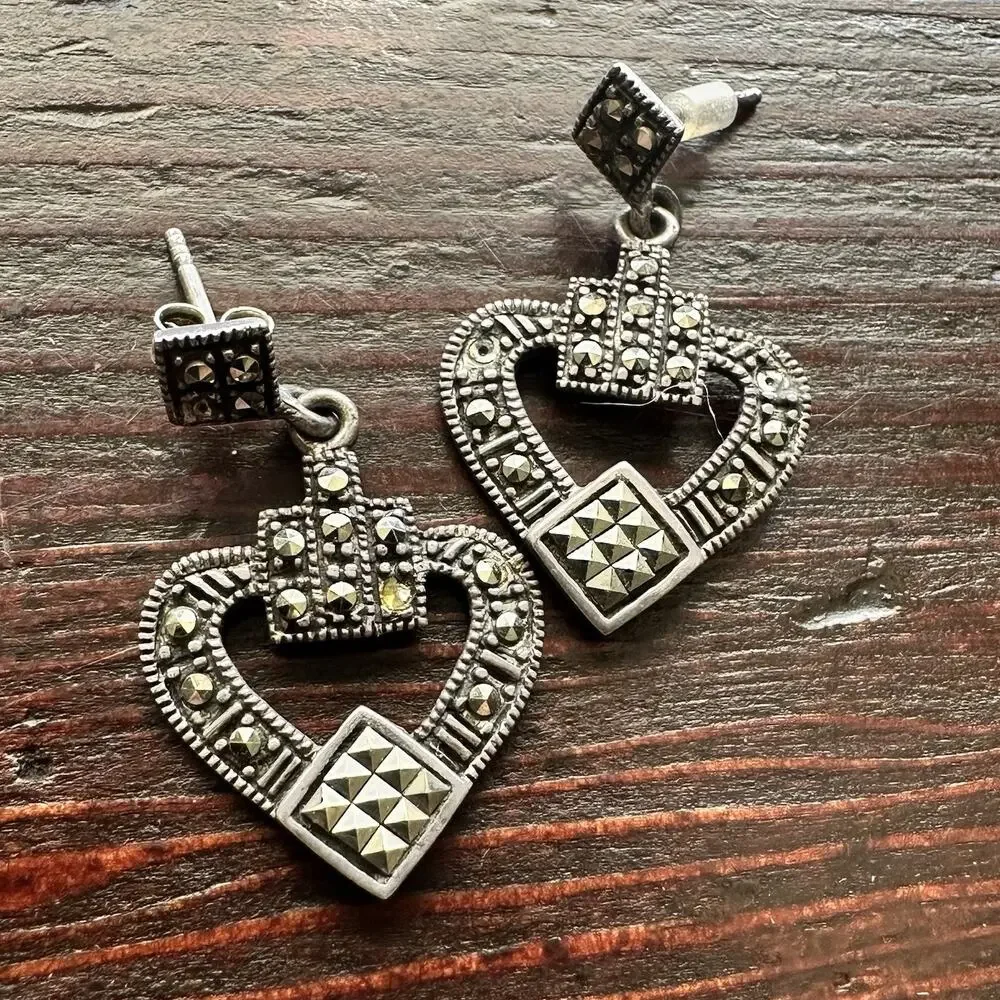 Vintage 925 Sterling Silver Natural Marcasite Heart Pierced Earrings Art Deco